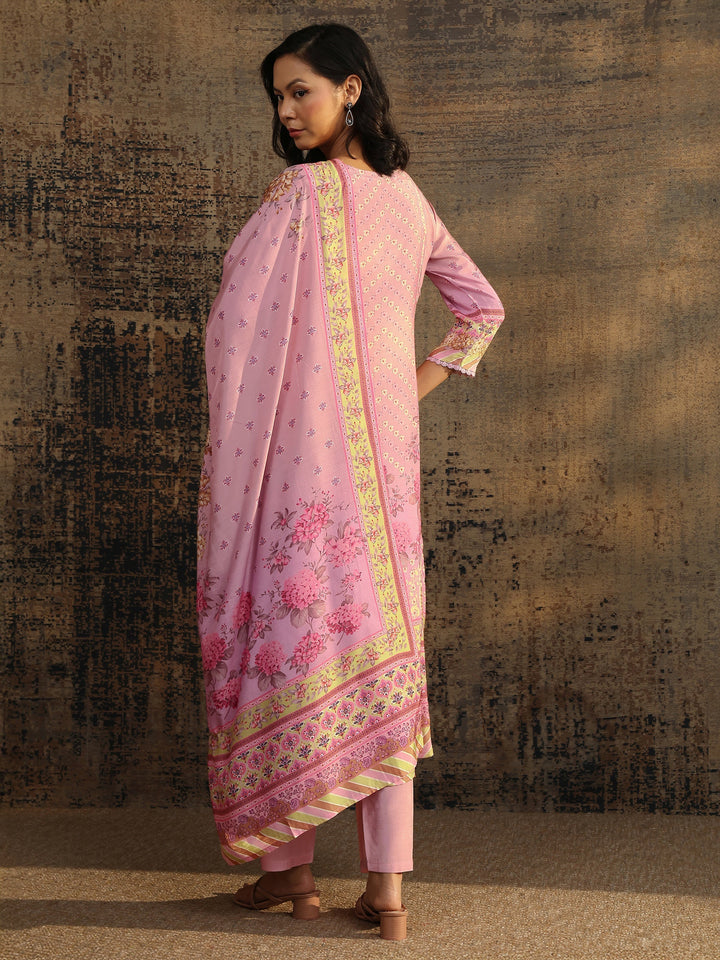 Lavender Printed Muslin A-Line Suit Set With Dupatta