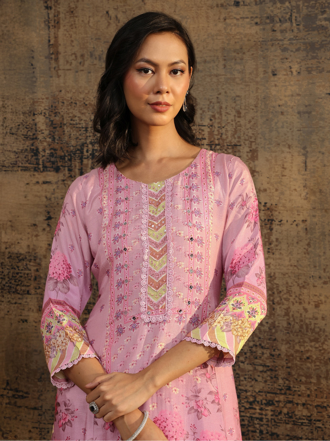 Lavender Printed Muslin A-Line Suit Set With Dupatta