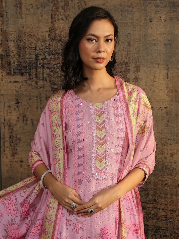 Lavender Printed Muslin A-Line Suit Set With Dupatta