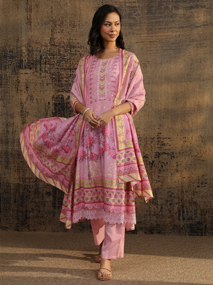 Lavender Printed Muslin A-Line Suit Set With Dupatta