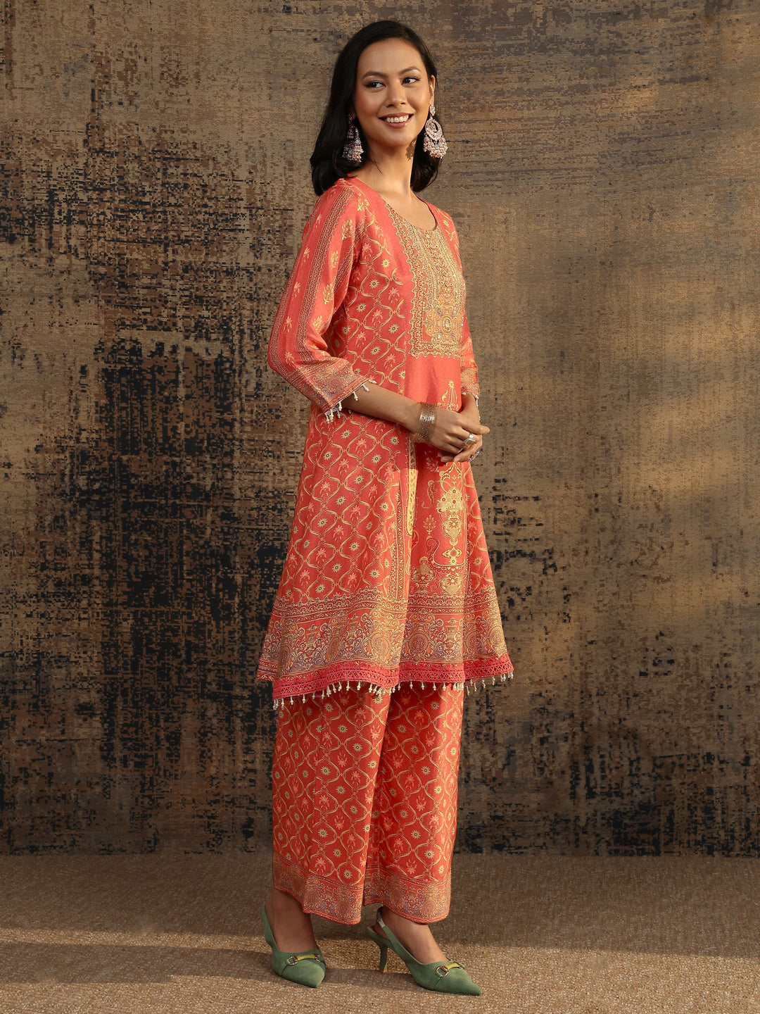 Rust Printed Muslin A-Line Suit Set With Dupatta