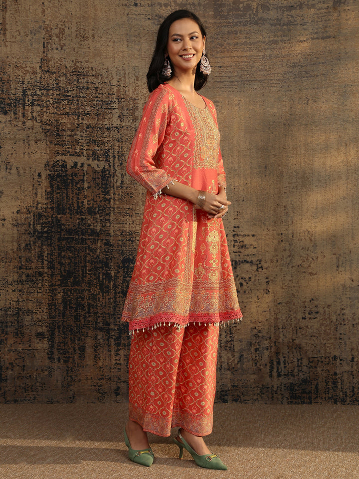 Rust Printed Muslin A-Line Suit Set With Dupatta