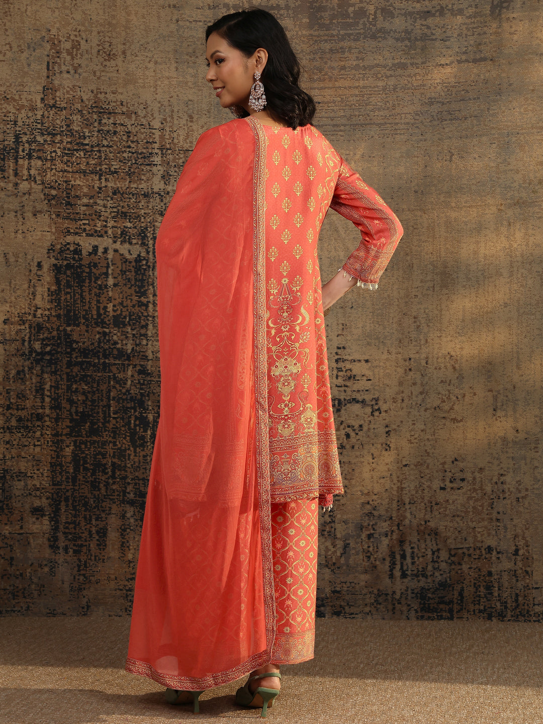 Rust Printed Muslin A-Line Suit Set With Dupatta