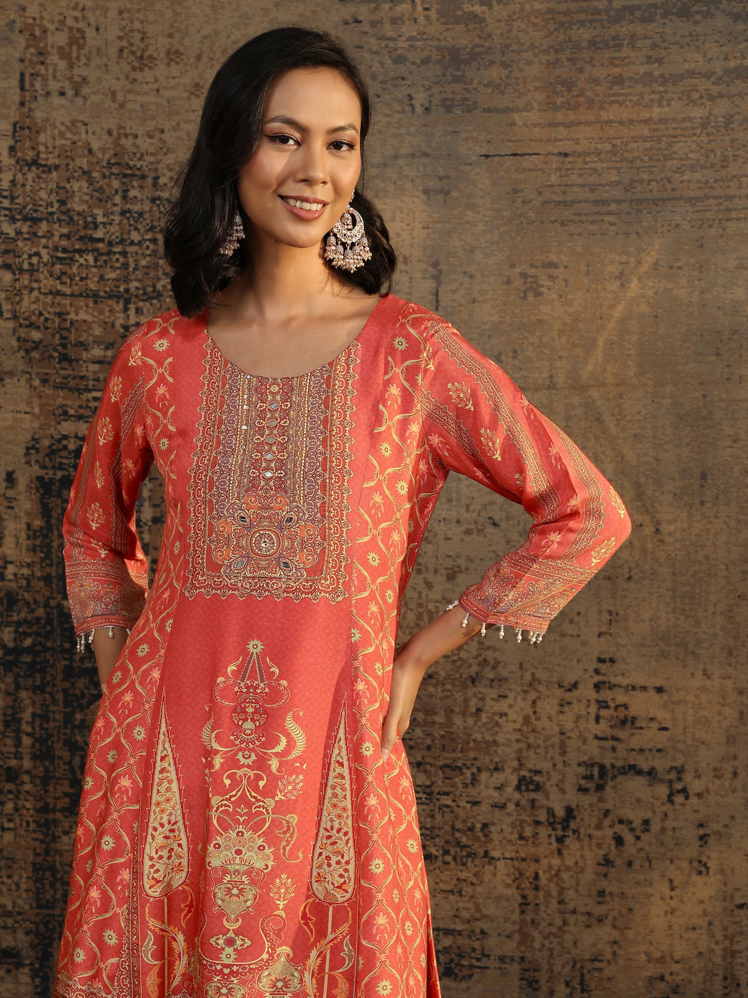 Rust Printed Muslin A-Line Suit Set With Dupatta
