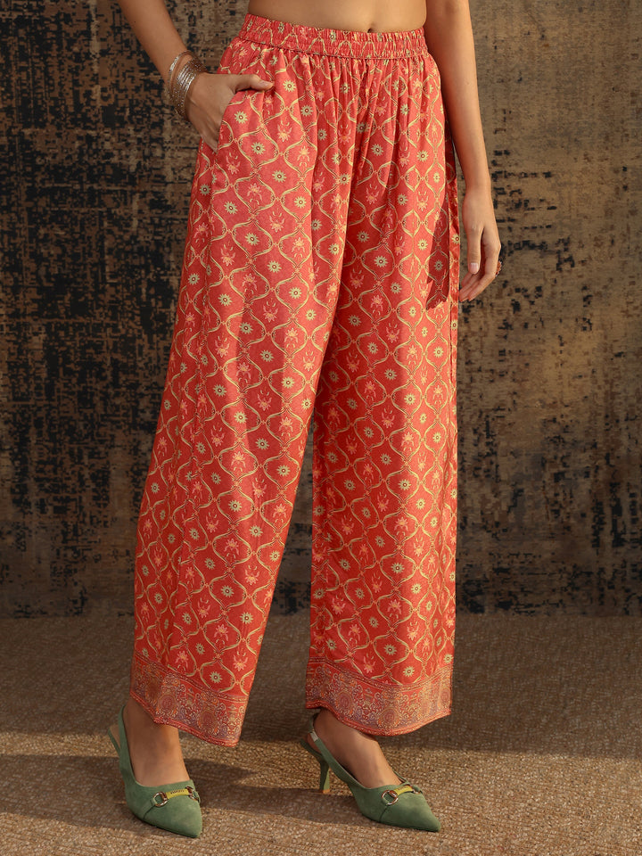 Rust Printed Muslin A-Line Suit Set With Dupatta