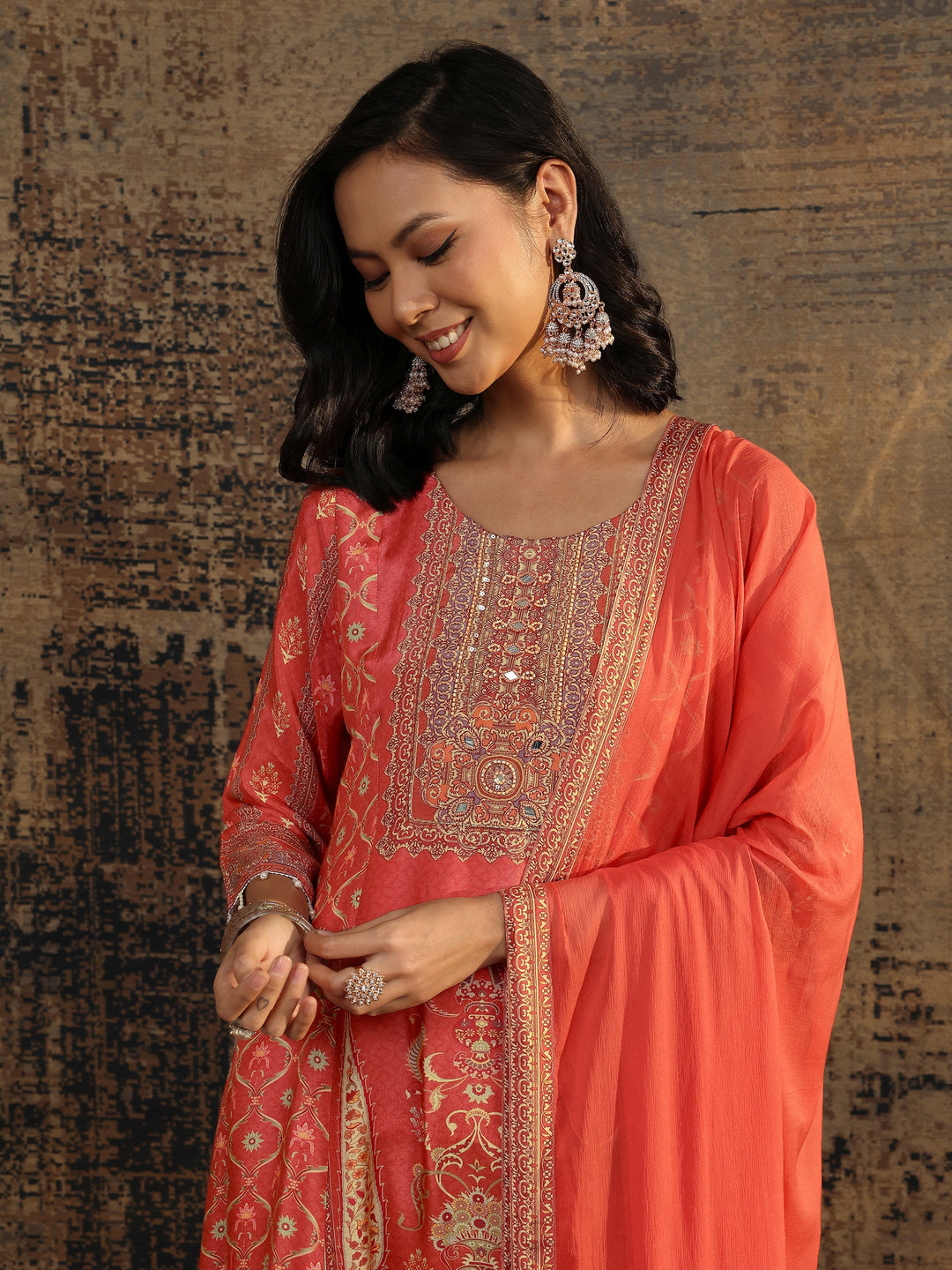 Rust Printed Muslin A-Line Suit Set With Dupatta