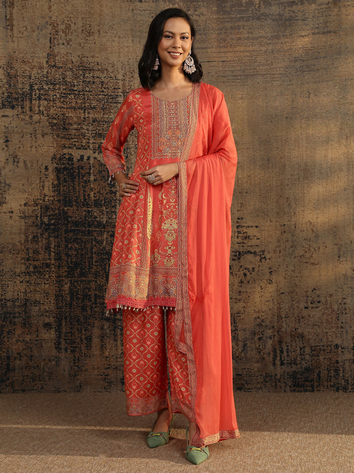 Rust Printed Muslin A-Line Suit Set With Dupatta