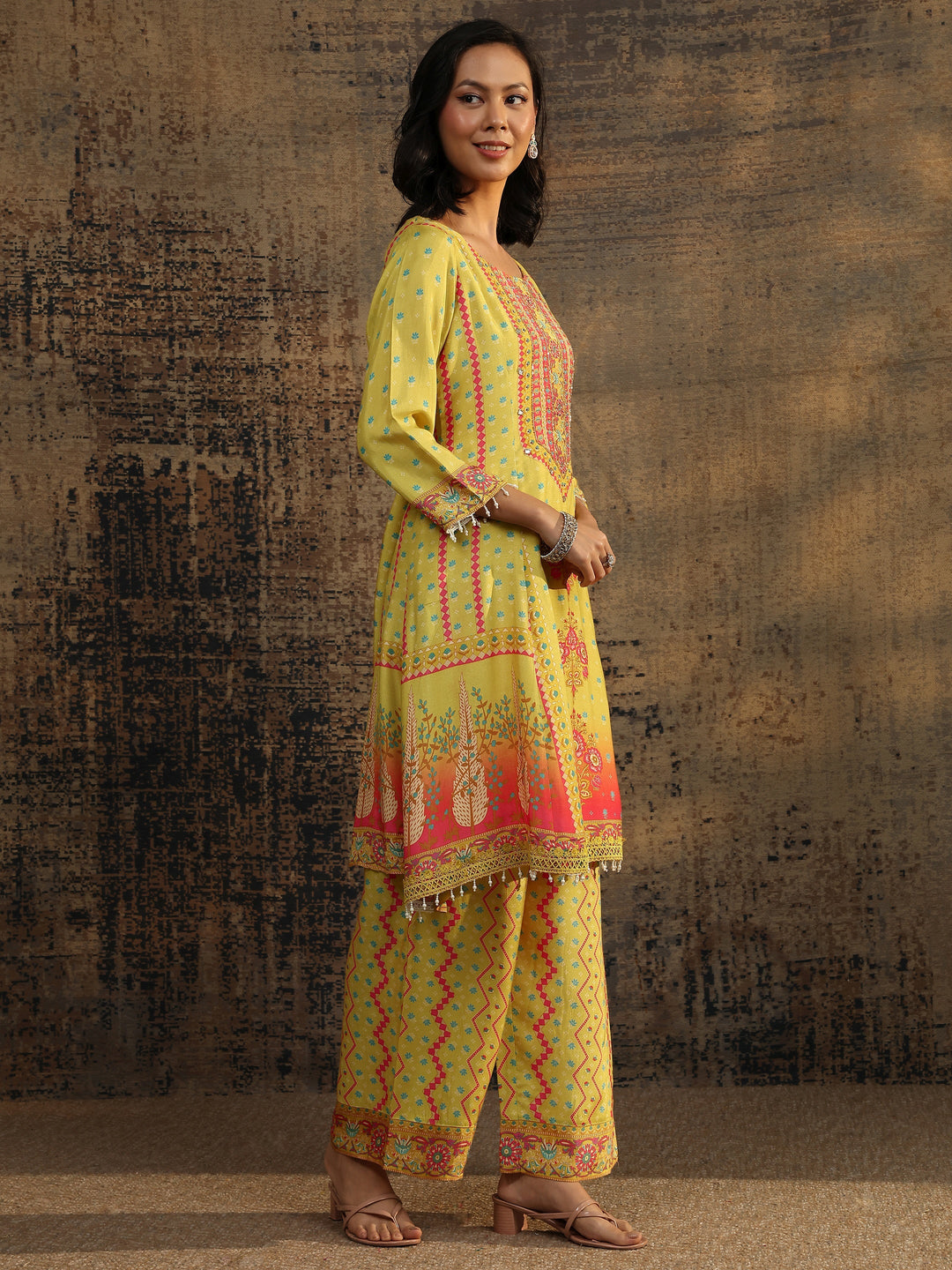Olive Printed Muslin A-Line Suit Set With Dupatta