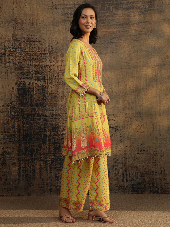 Olive Printed Muslin A-Line Suit Set With Dupatta