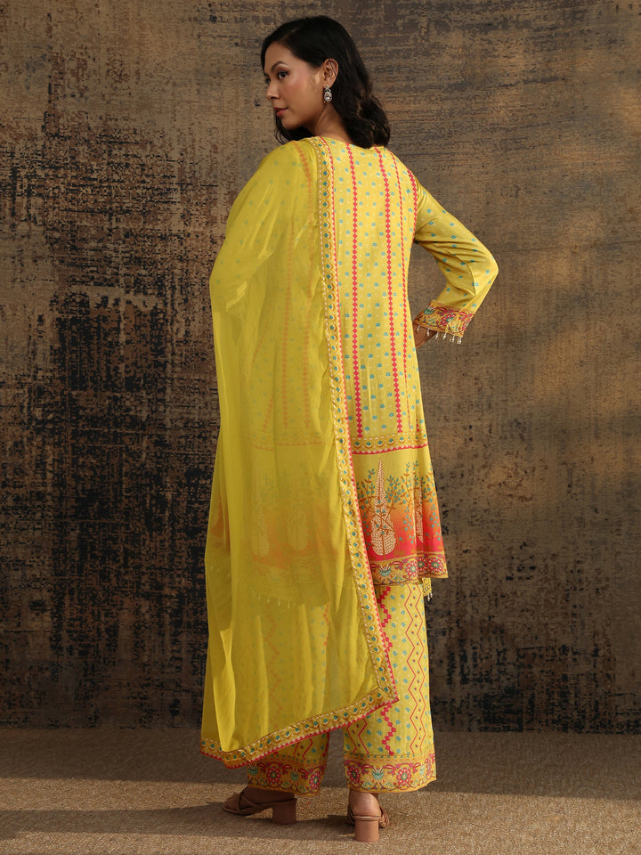 Olive Printed Muslin A-Line Suit Set With Dupatta
