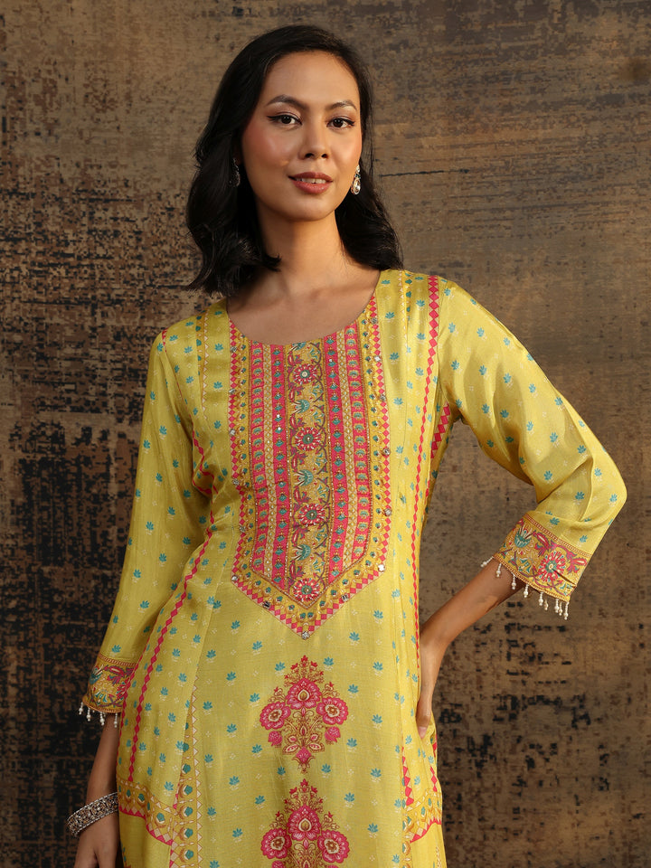Olive Printed Muslin A-Line Suit Set With Dupatta