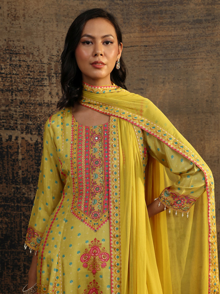Olive Printed Muslin A-Line Suit Set With Dupatta