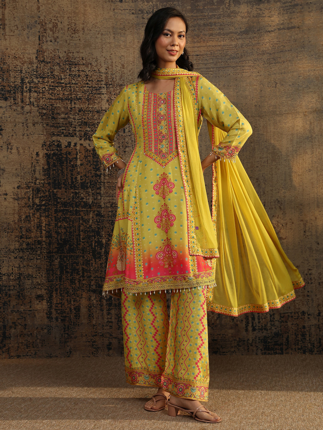Olive Printed Muslin A-Line Suit Set With Dupatta