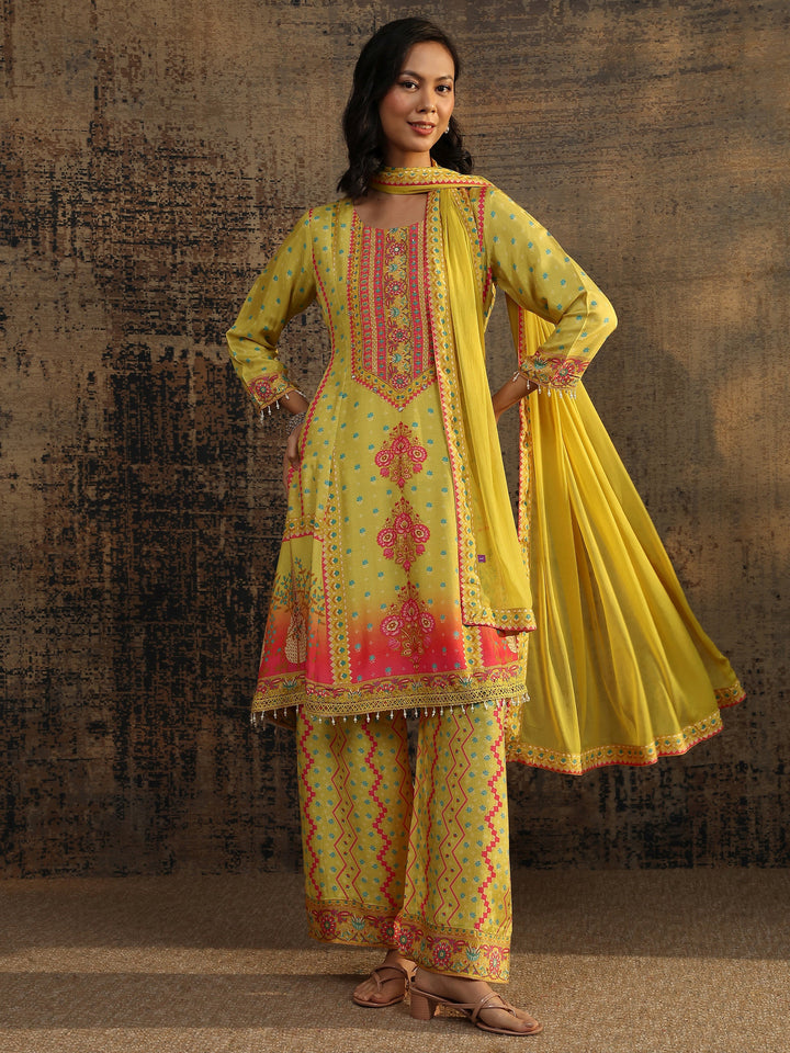 Olive Printed Muslin A-Line Suit Set With Dupatta