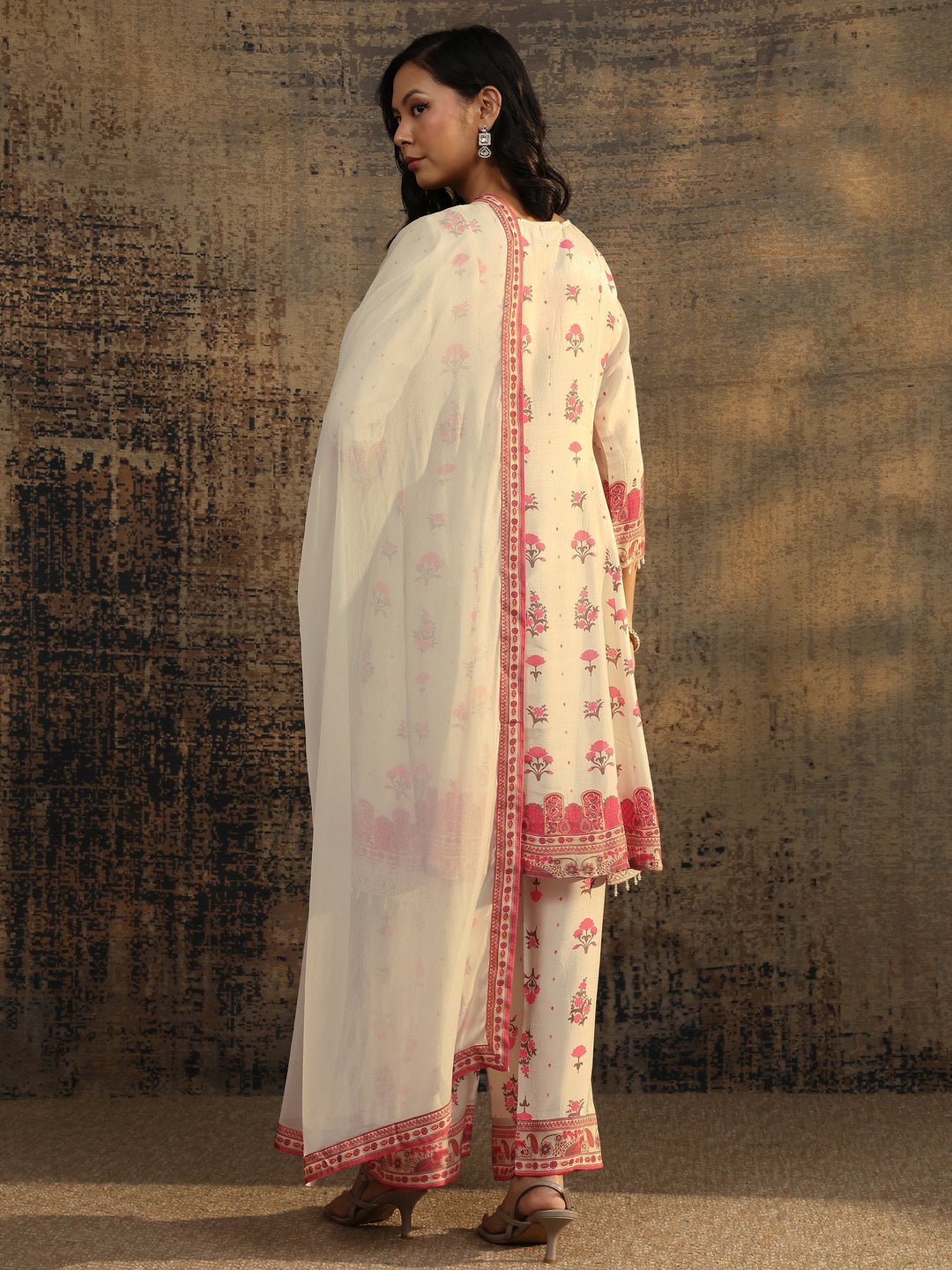Off White Printed Muslin A-Line Suit Set With Dupatta