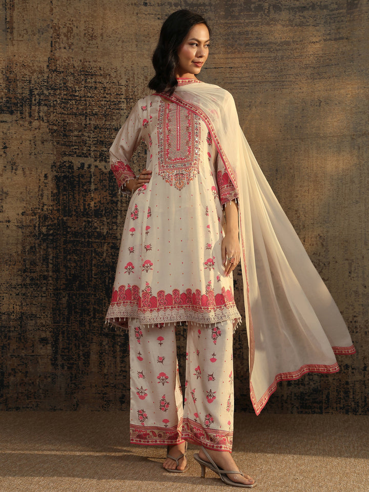 Off White Printed Muslin A-Line Suit Set With Dupatta