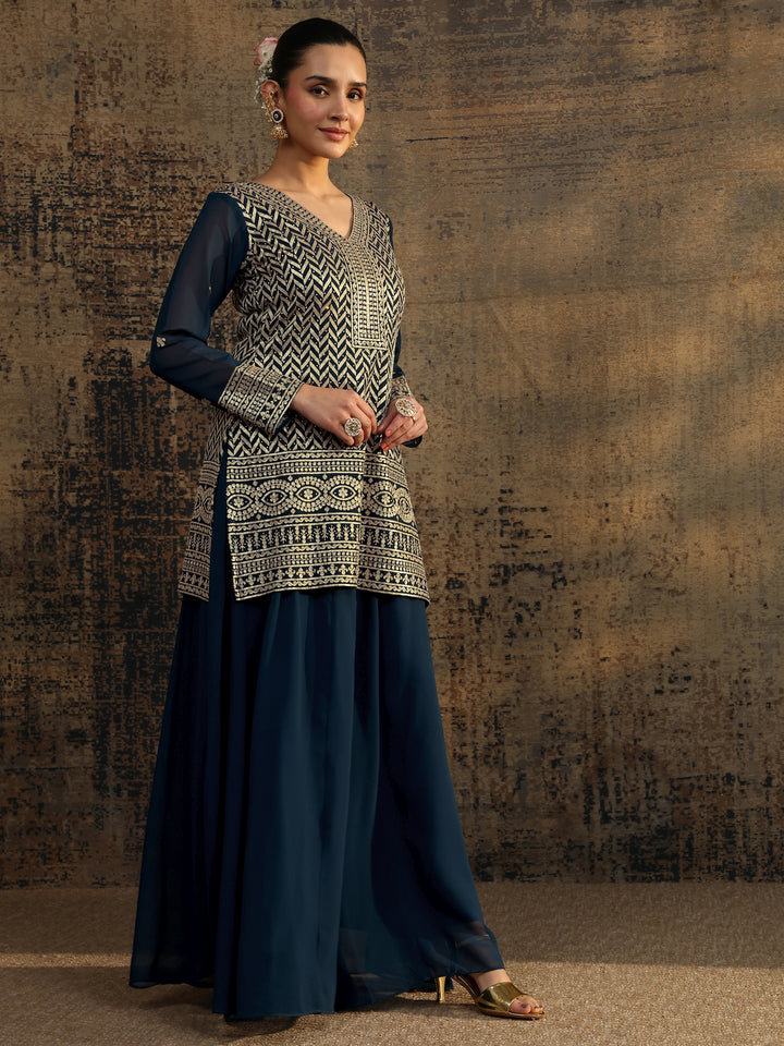 Blue Embroidered Georgette Straight Suit Set With Dupatta
