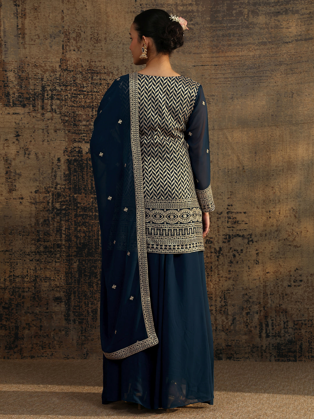 Blue Embroidered Georgette Straight Suit Set With Dupatta