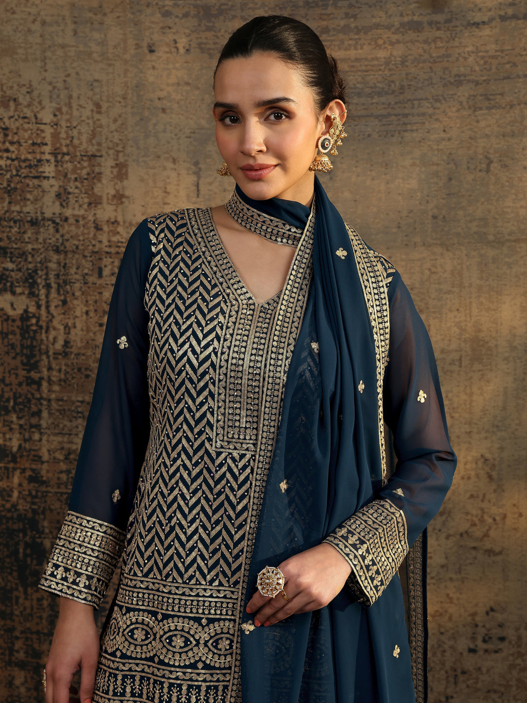 Blue Embroidered Georgette Straight Suit Set With Dupatta