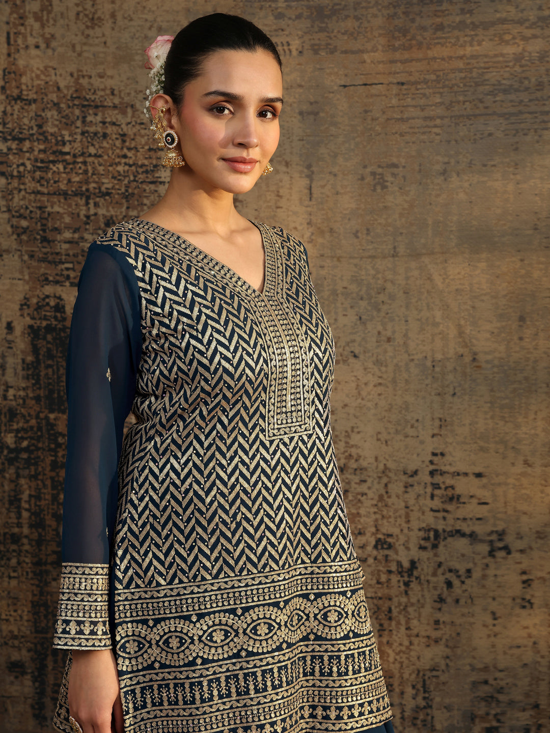 Blue Embroidered Georgette Straight Suit Set With Dupatta