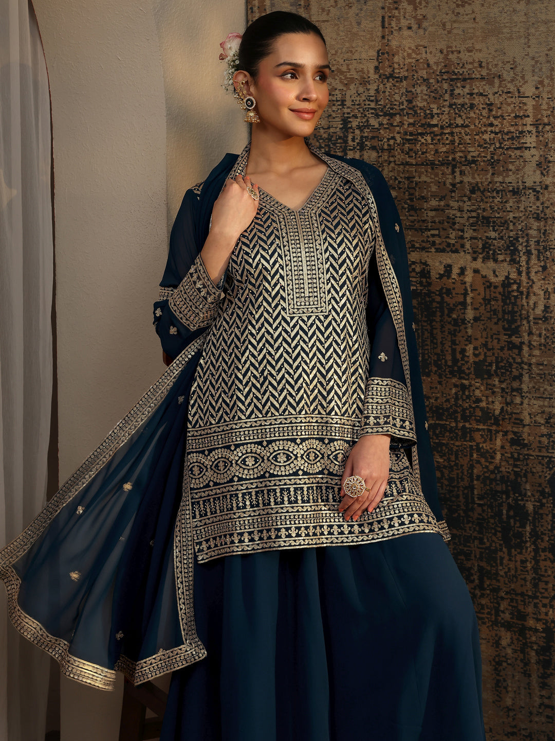 Blue Embroidered Georgette Straight Suit Set With Dupatta