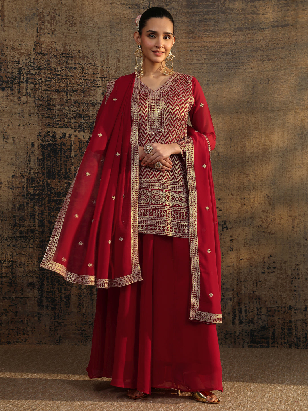 Red Embroidered Georgette Straight Suit Set With Dupatta