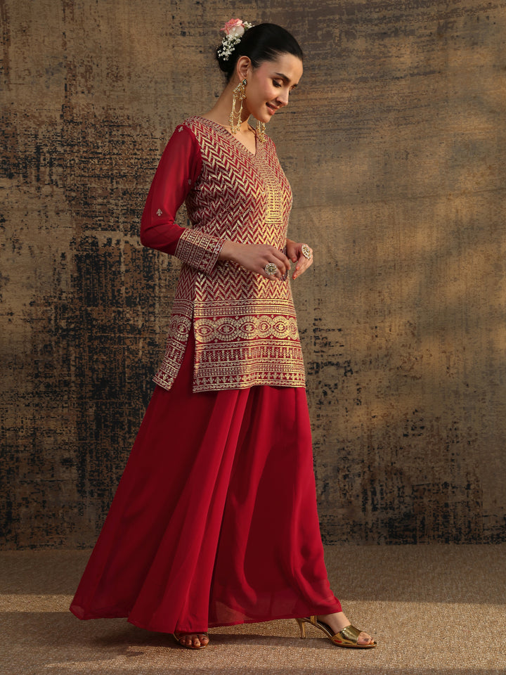 Red Embroidered Georgette Straight Suit Set With Dupatta
