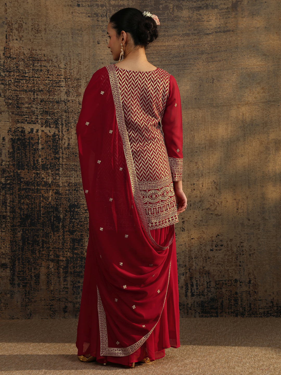 Red Embroidered Georgette Straight Suit Set With Dupatta