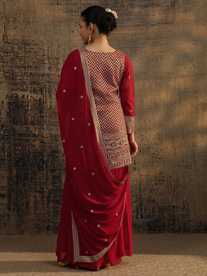 Red Embroidered Georgette Straight Suit Set With Dupatta