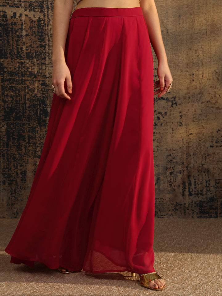 Red Embroidered Georgette Straight Suit Set With Dupatta