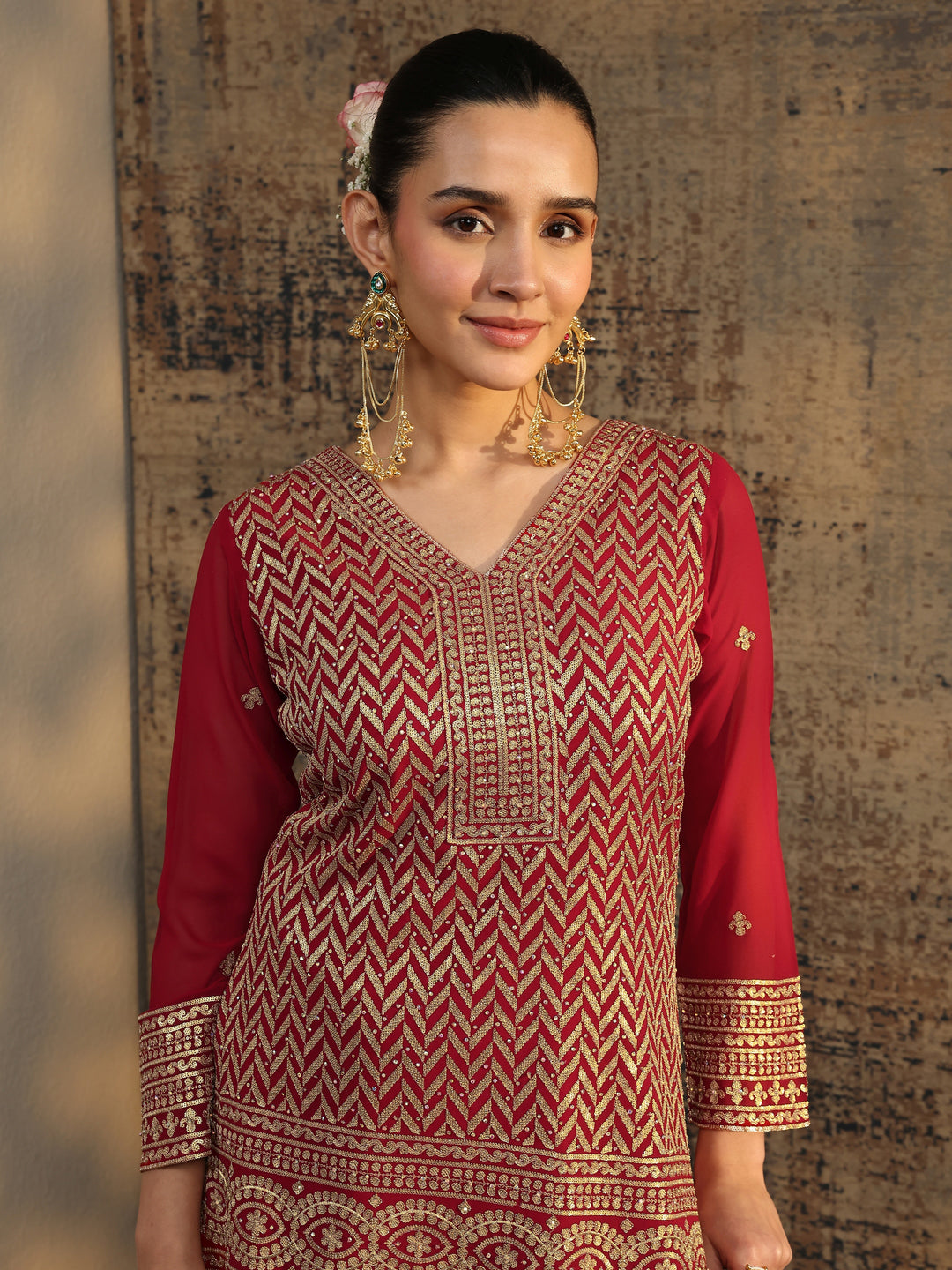 Red Embroidered Georgette Straight Suit Set With Dupatta