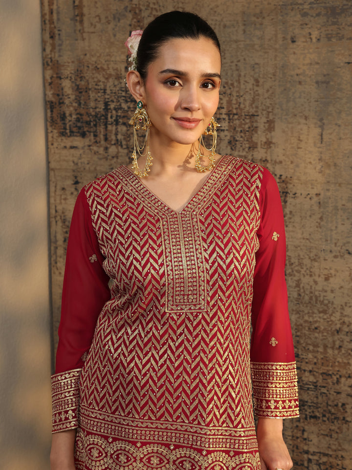 Red Embroidered Georgette Straight Suit Set With Dupatta