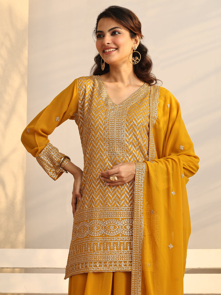 Mustard Chevron Embroidered Georgette Straight Suit Set With Dupatta