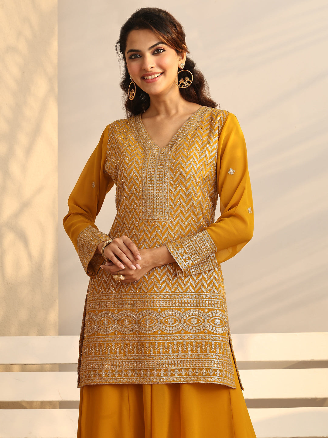Mustard Chevron Embroidered Georgette Straight Suit Set With Dupatta
