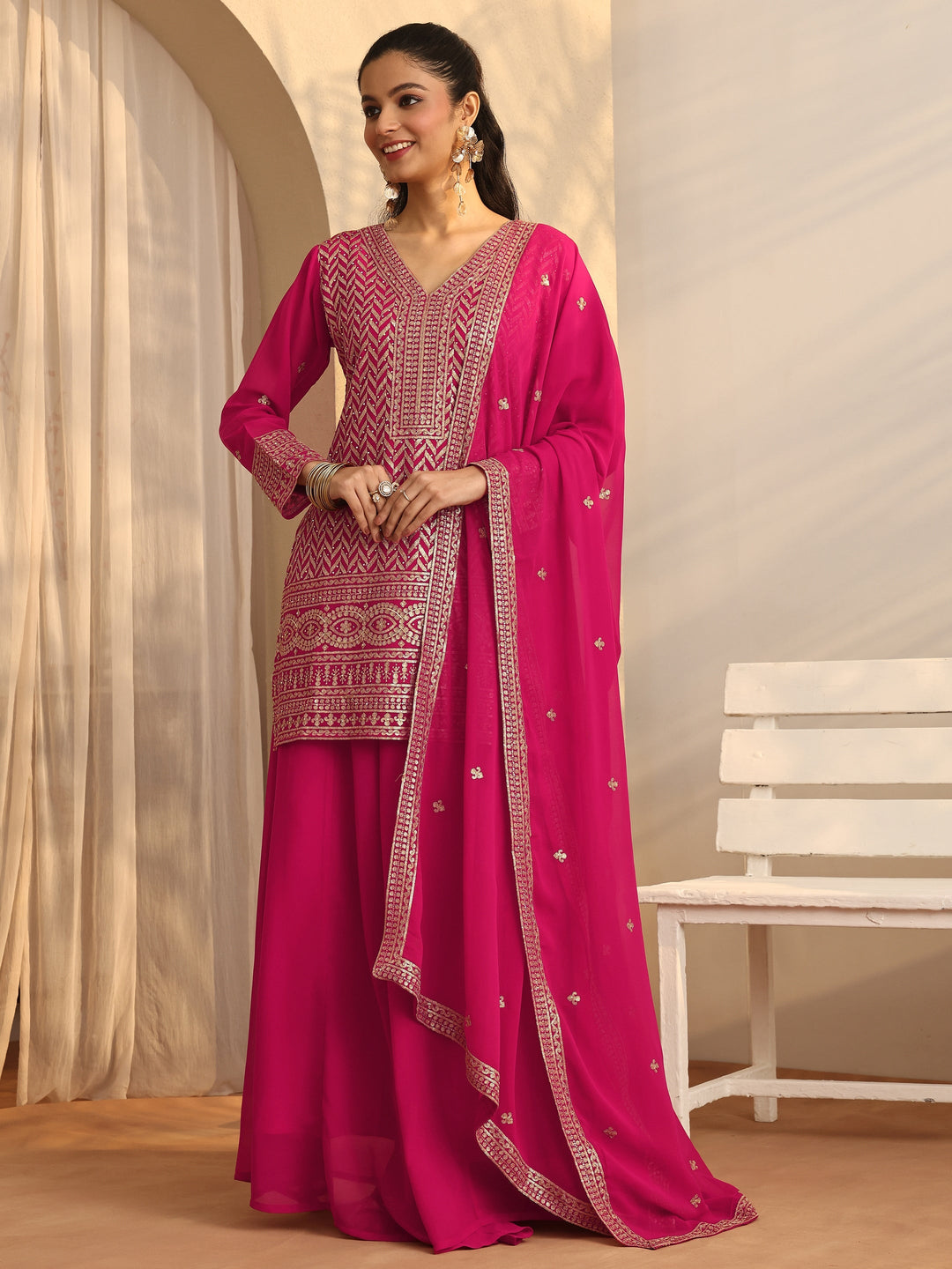 Pink Chevron Embroidered Georgette Straight Suit Set With Dupatta
