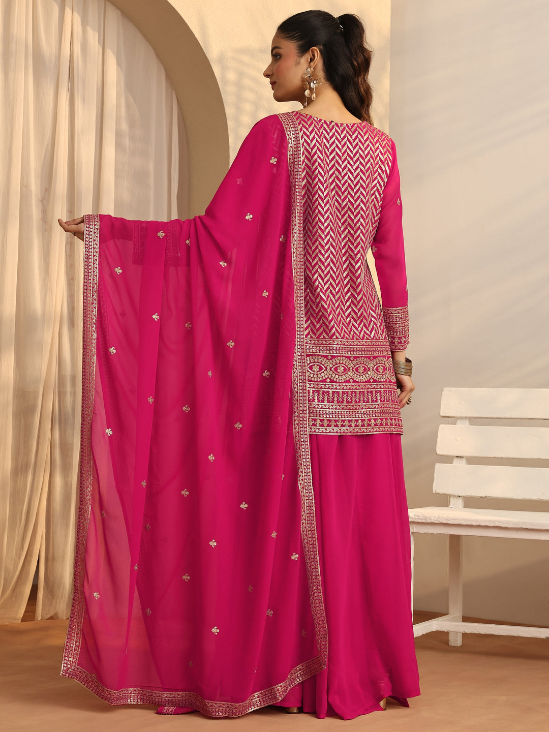 Pink Chevron Embroidered Georgette Straight Suit Set With Dupatta