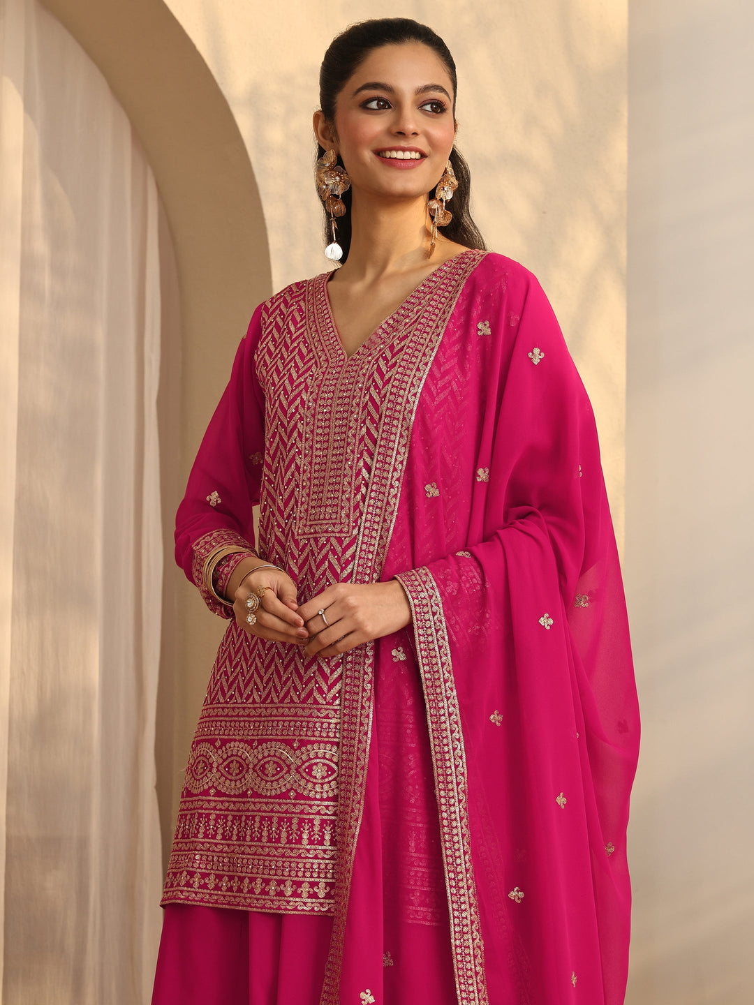 Pink Chevron Embroidered Georgette Straight Suit Set With Dupatta