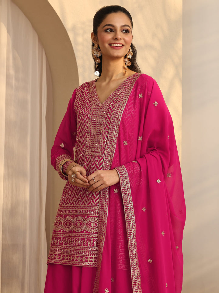 Pink Chevron Embroidered Georgette Straight Suit Set With Dupatta