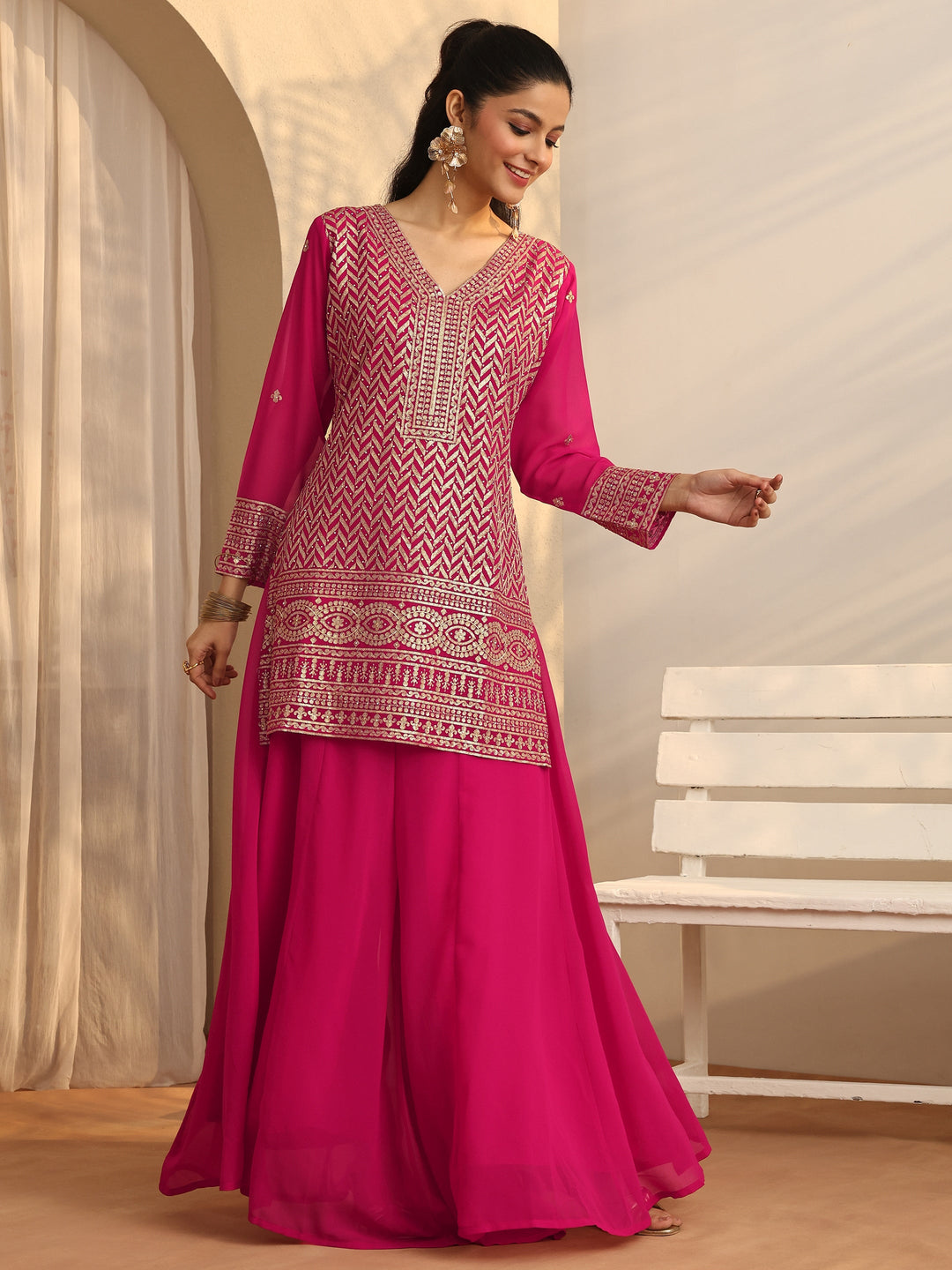 Pink Chevron Embroidered Georgette Straight Suit Set With Dupatta