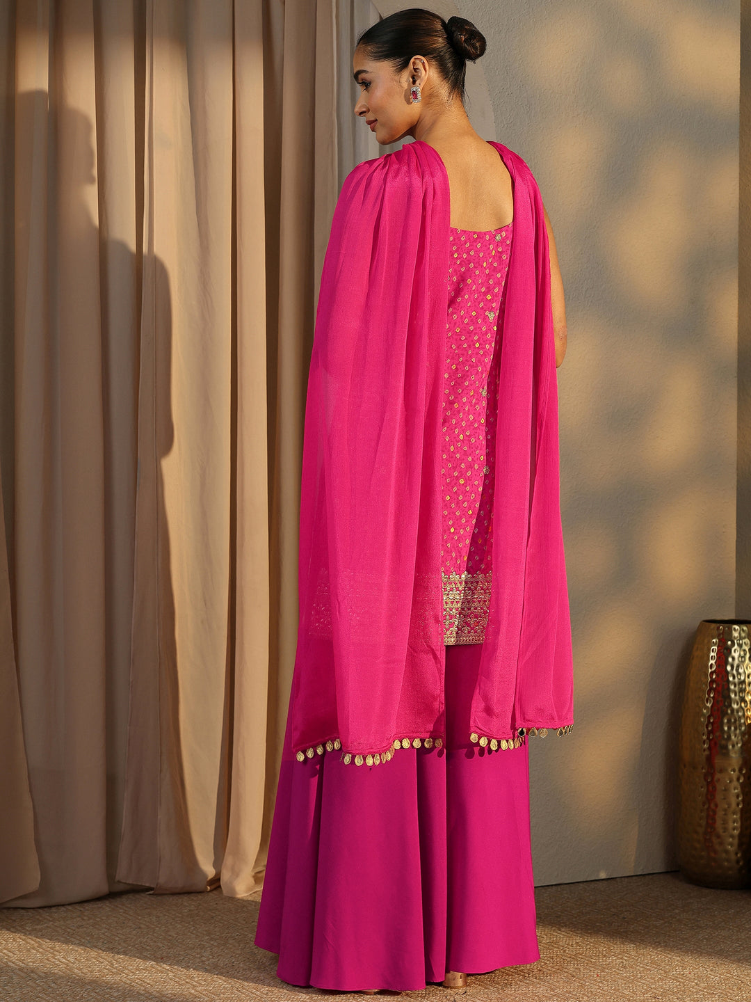 Pink Bandhani Embroidered Silk Blend Straight Suit Set With Dupatta