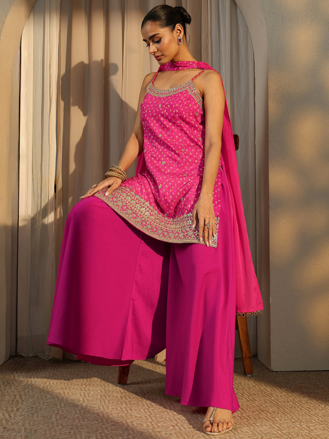 Pink Bandhani Embroidered Silk Blend Straight Suit Set With Dupatta