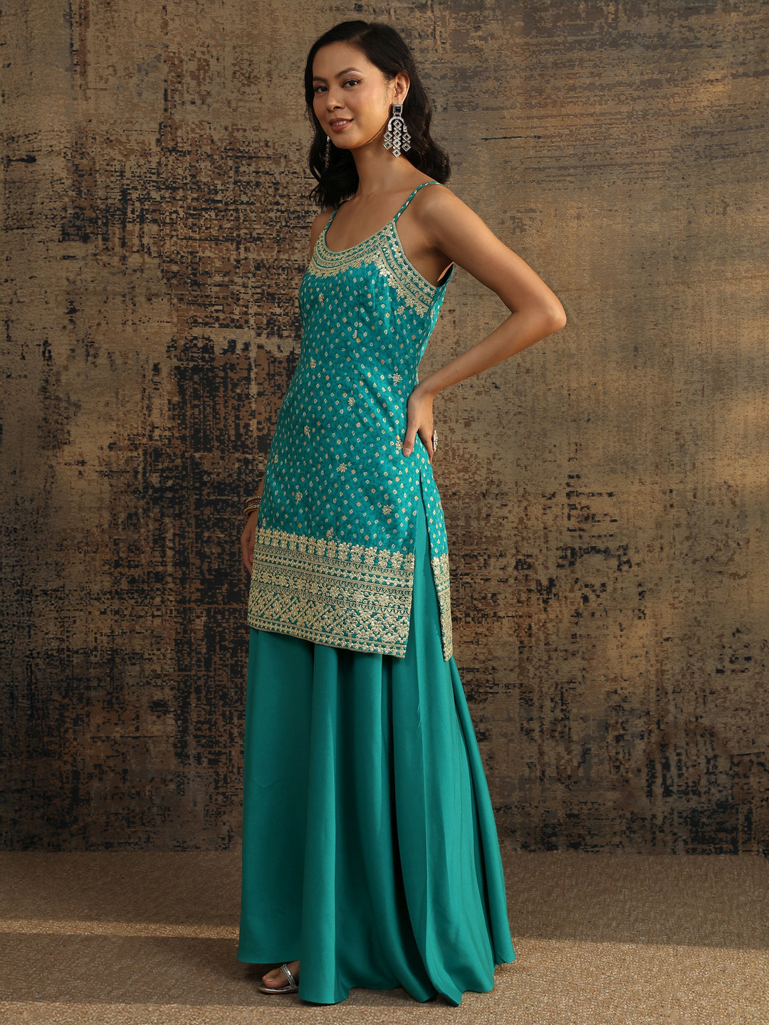 Blue Bandhani Printed Silk Blend Straight Suit Set With Dupatta