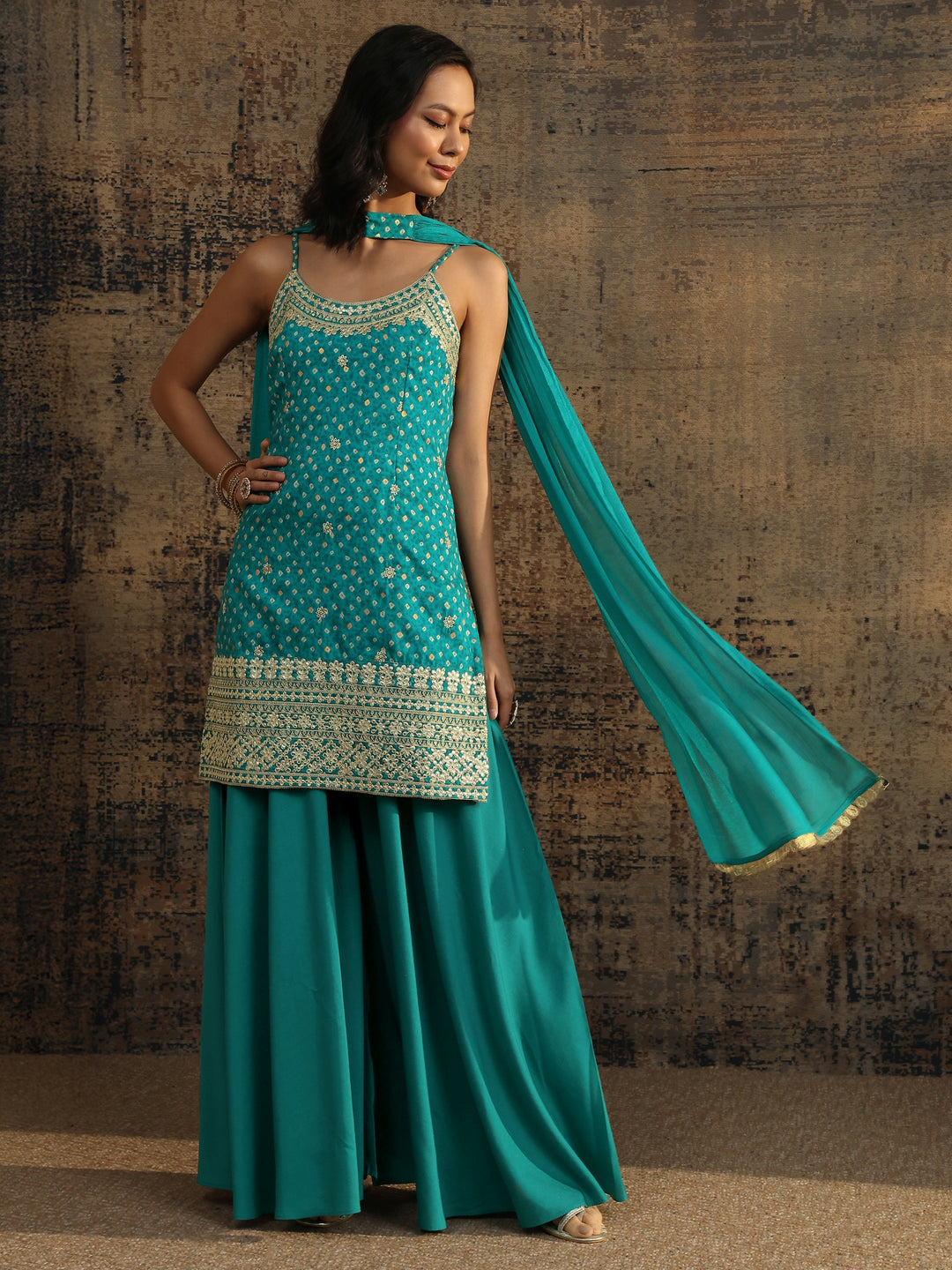 Blue Bandhani Printed Silk Blend Straight Suit Set With Dupatta