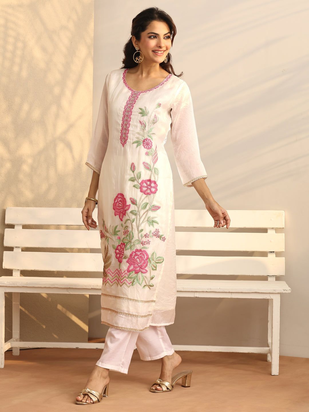 White Embroidered Organza Straight Suit Set With Dupatta