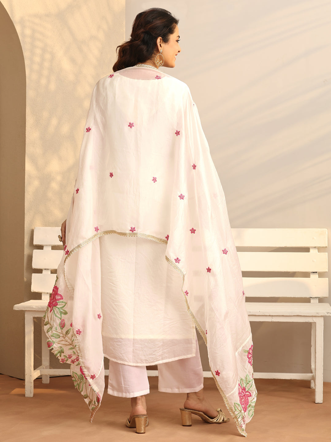 White Embroidered Organza Straight Suit Set With Dupatta