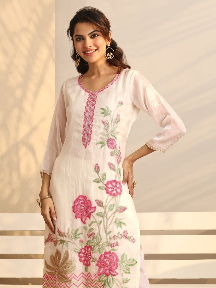 White Embroidered Organza Straight Suit Set With Dupatta