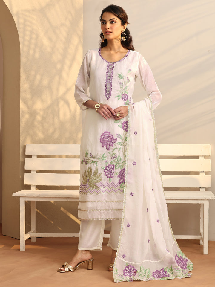 White Embroidered Organza Straight Suit Set With Dupatta