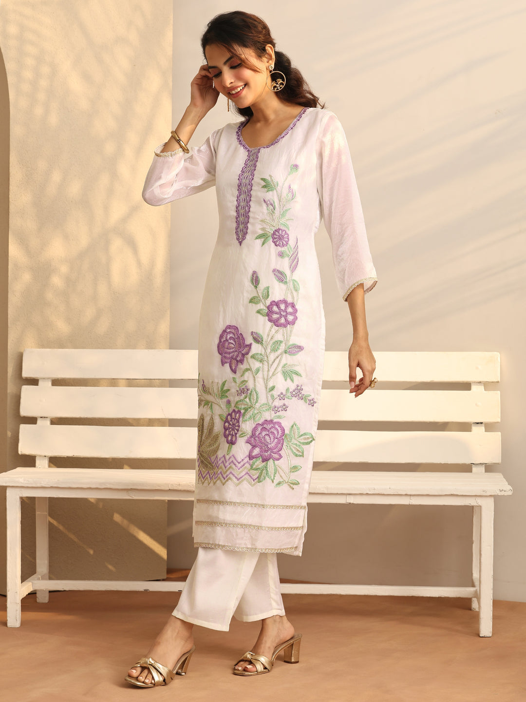 White Embroidered Organza Straight Suit Set With Dupatta