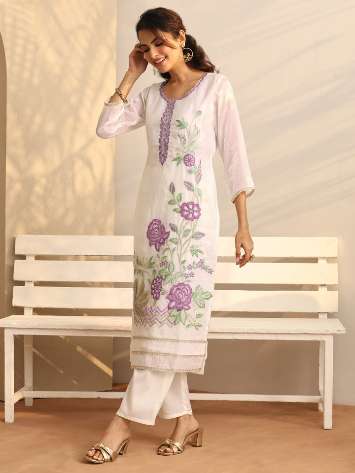 White Embroidered Organza Straight Suit Set With Dupatta