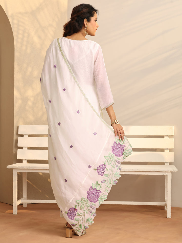 White Embroidered Organza Straight Suit Set With Dupatta